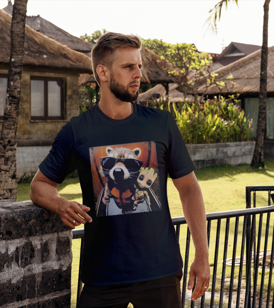 John Bates Raccoon And Baby Tree Alien With Sunglasses And Orange Suit T-Shirt