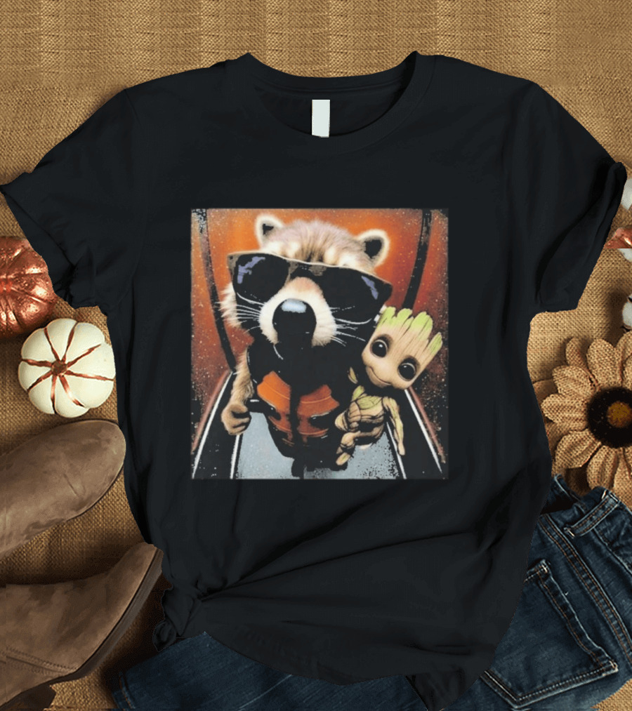 John Bates Raccoon And Baby Tree Alien With Sunglasses And Orange Suit T-Shirt