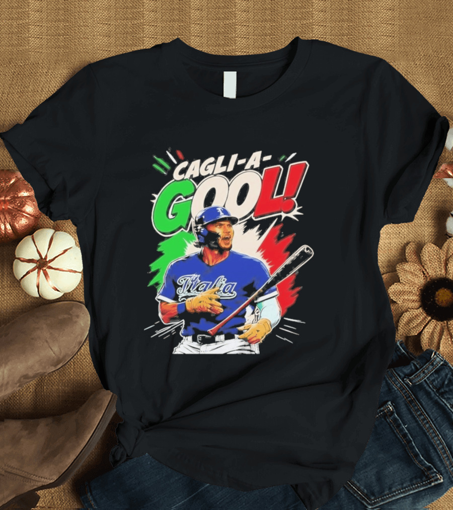 Cagli A Gool Italia Baseball Player Hitter With Italian Flag T-Shirt
