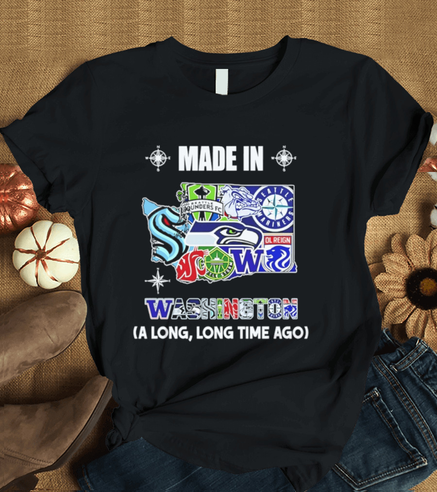 Made In Washington Seattle Mariners Seahawks Kraken Sports Team Map T-Shirt