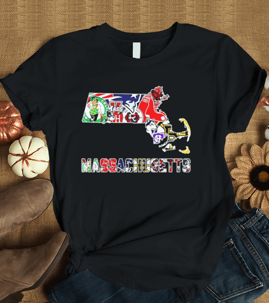 Massachusetts Sports Teams Collage Map Celtics Patriots Red Sox Bruins Revolution T-Shirt