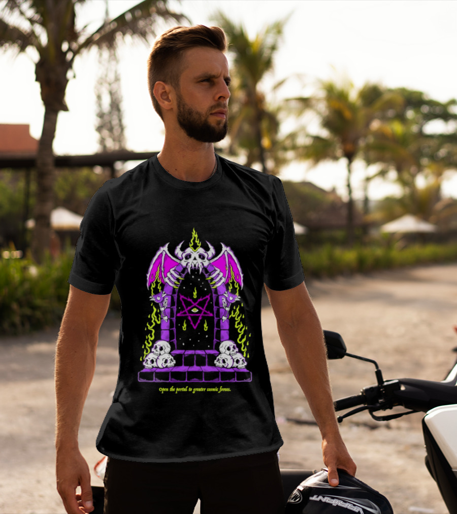 Open The Portal To Greater Cosmic Forces Pentagram Skull With Bat Wings And All Seeing Eye T-Shirt