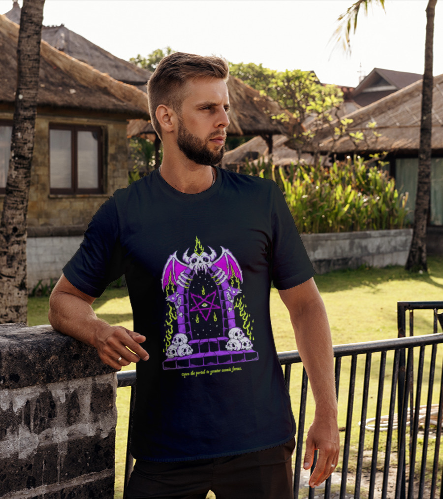 Open The Portal To Greater Cosmic Forces Pentagram Skull With Bat Wings And All Seeing Eye T-Shirt