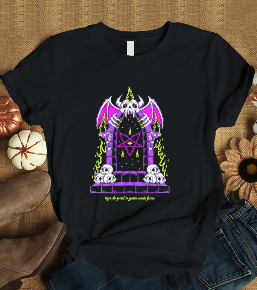 Open The Portal To Greater Cosmic Forces Pentagram Skull With Bat Wings And All Seeing Eye T-Shirt