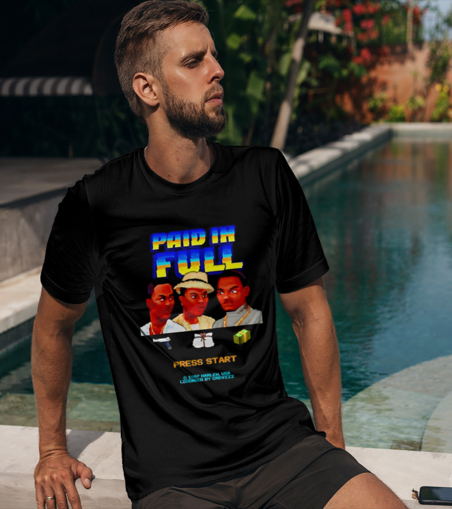 Paid In Full Press Start 1987 Harlem USA Three Figures With Hat Necklace And Gun T-Shirt