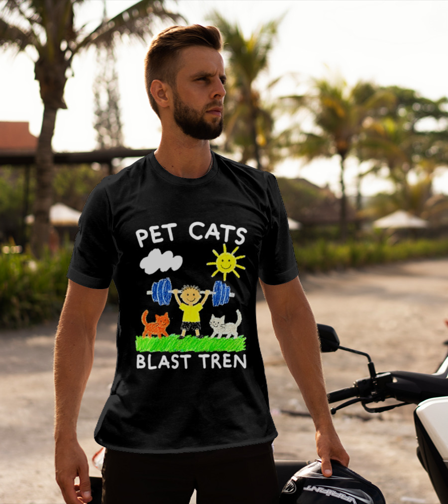 Pet Cats Blast Tren Bodybuilding Gym Child With Weights Sun And Clouds T-Shirt