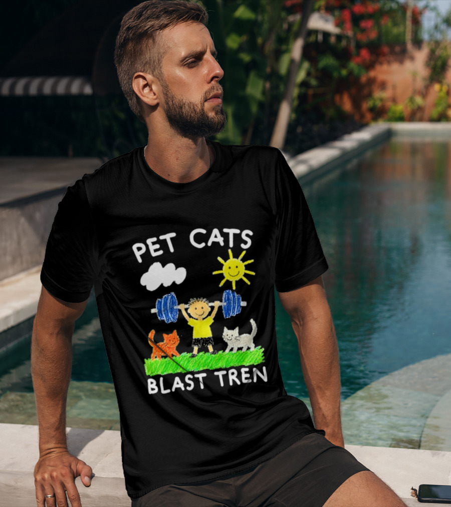 Pet Cats Blast Tren Bodybuilding Gym Child With Weights Sun And Clouds T-Shirt