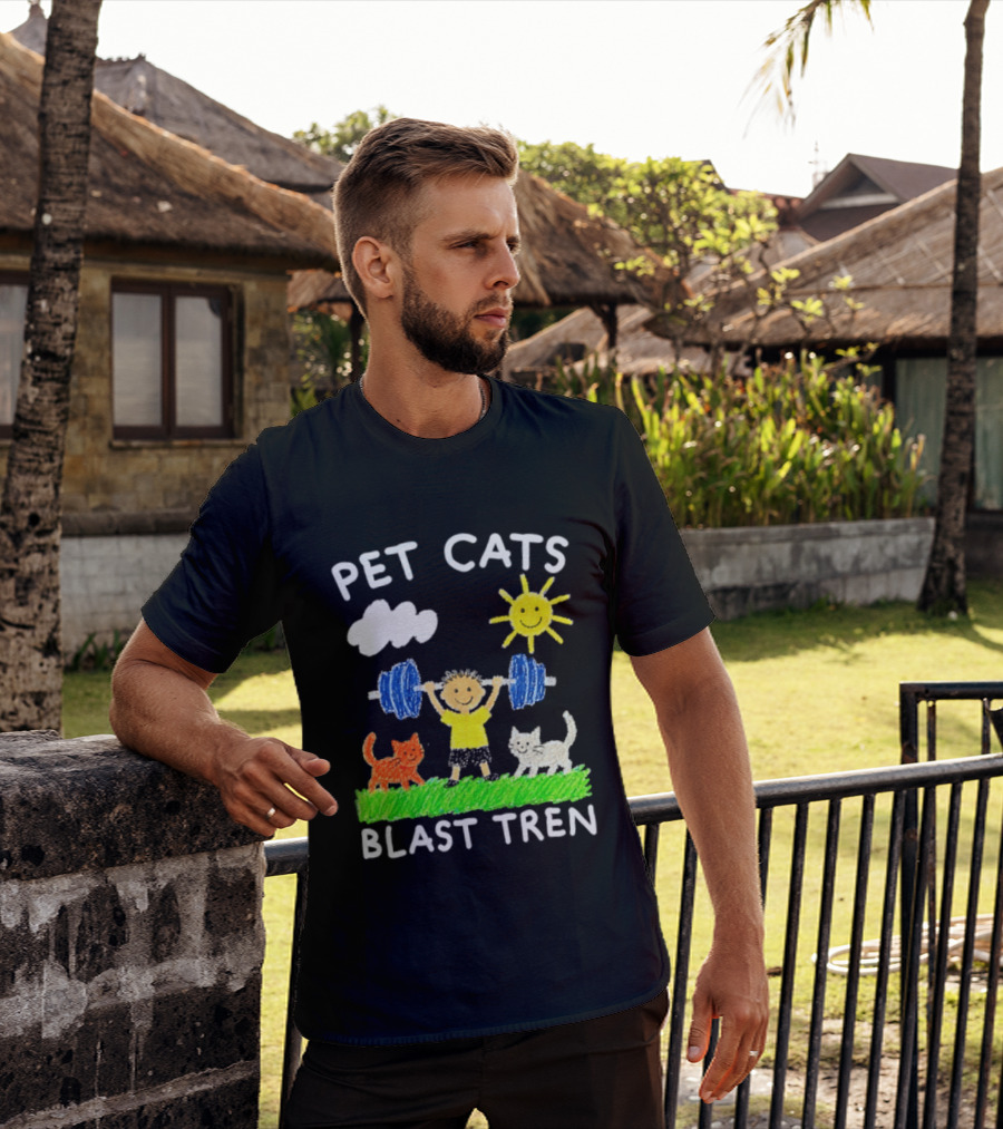 Pet Cats Blast Tren Bodybuilding Gym Child With Weights Sun And Clouds T-Shirt
