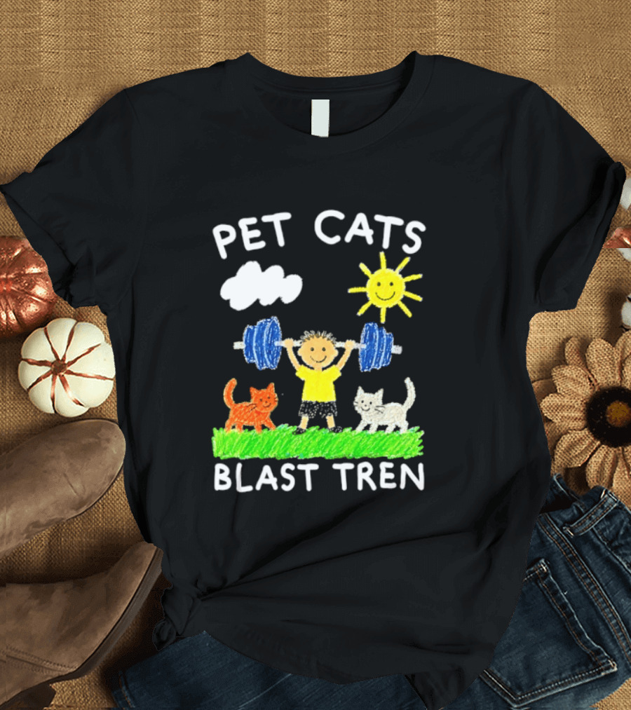 Pet Cats Blast Tren Bodybuilding Gym Child With Weights Sun And Clouds T-Shirt