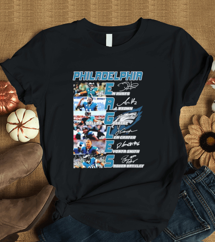 Philadelphia Eagles Jalen Hurts AJ Brown Dallas Goedert Jalen Carter DeVonta Smith Saquon Barkley Signatures Team T-Shirt