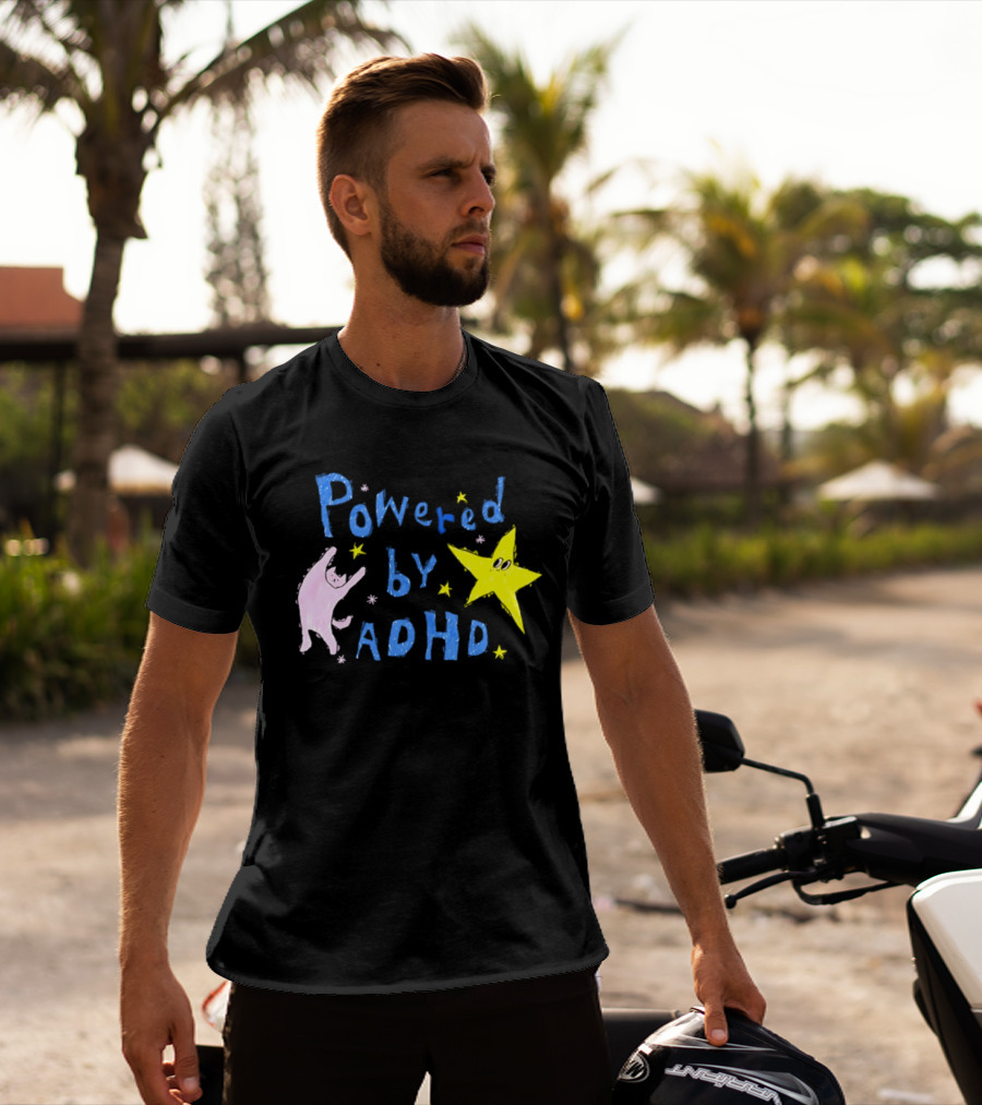 Powered By ADHD Neurodivergent Star And Cat With Yellow Stars T-Shirt