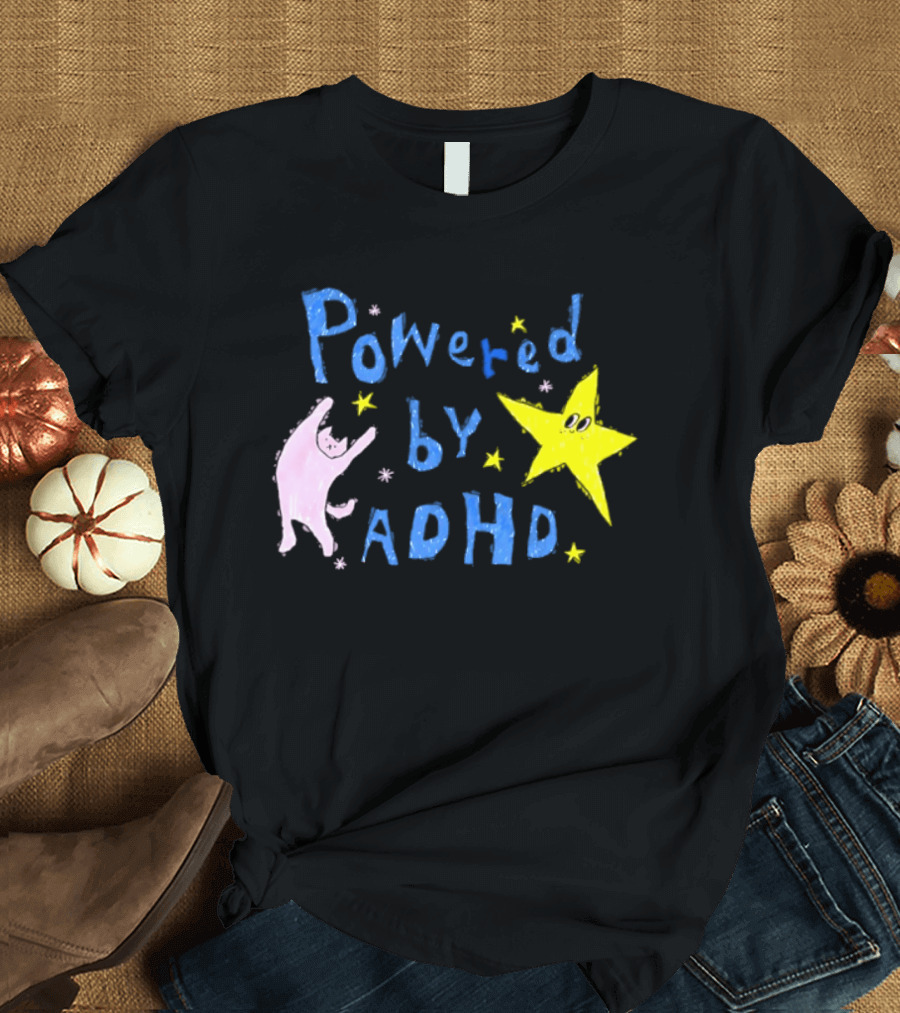 Powered By ADHD Neurodivergent Star And Cat With Yellow Stars T-Shirt