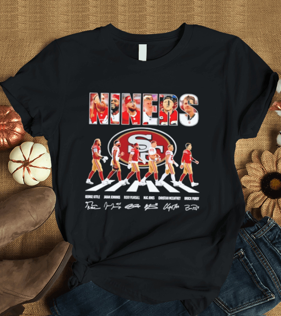San Francisco 49ers George Kittle Jauan Jennings Ricky Pearsall Mac Jones Christian McCaffrey NINERS Walk NFL Legends Signatures T-Shirt