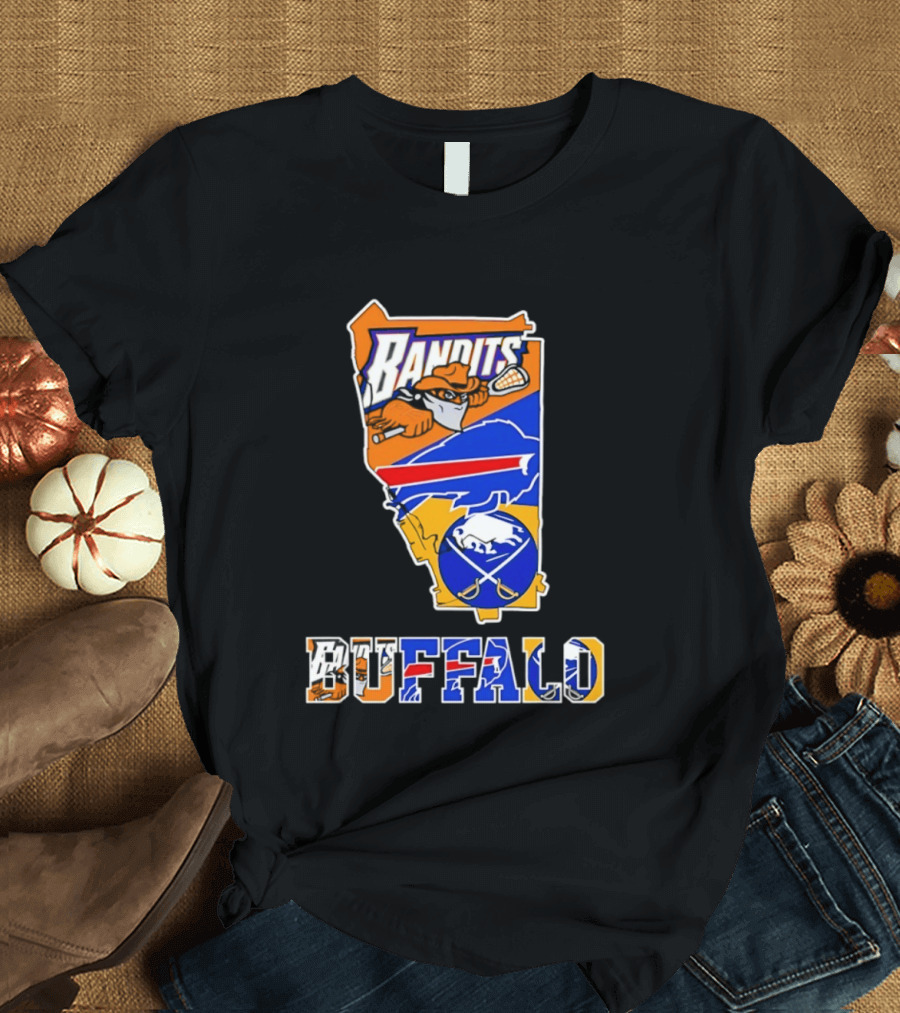 Buffalo Bandits Bills Sabres New York Sports Team Map Collage T-Shirt