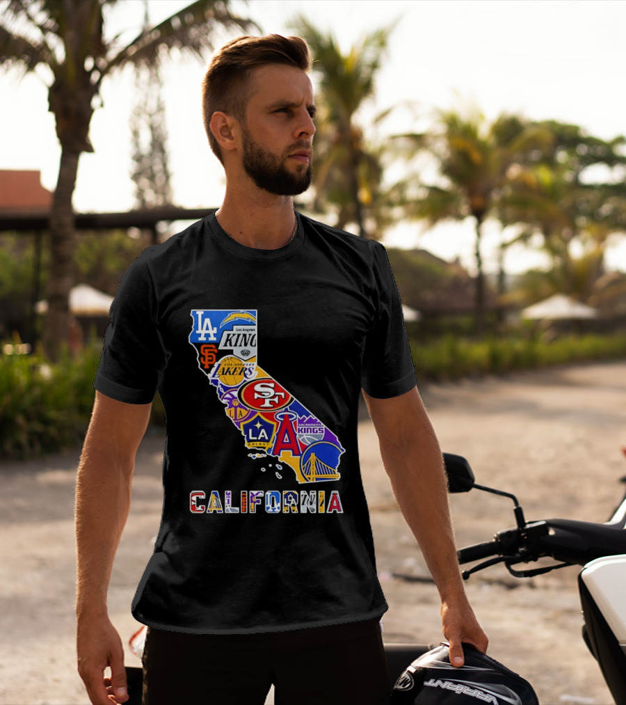 California Map Collage With 49ers Lakers Kings Giants Angels Dodgers Logos 2026 T-Shirt