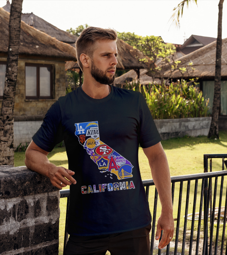 California Map Collage With 49ers Lakers Kings Giants Angels Dodgers Logos 2026 T-Shirt