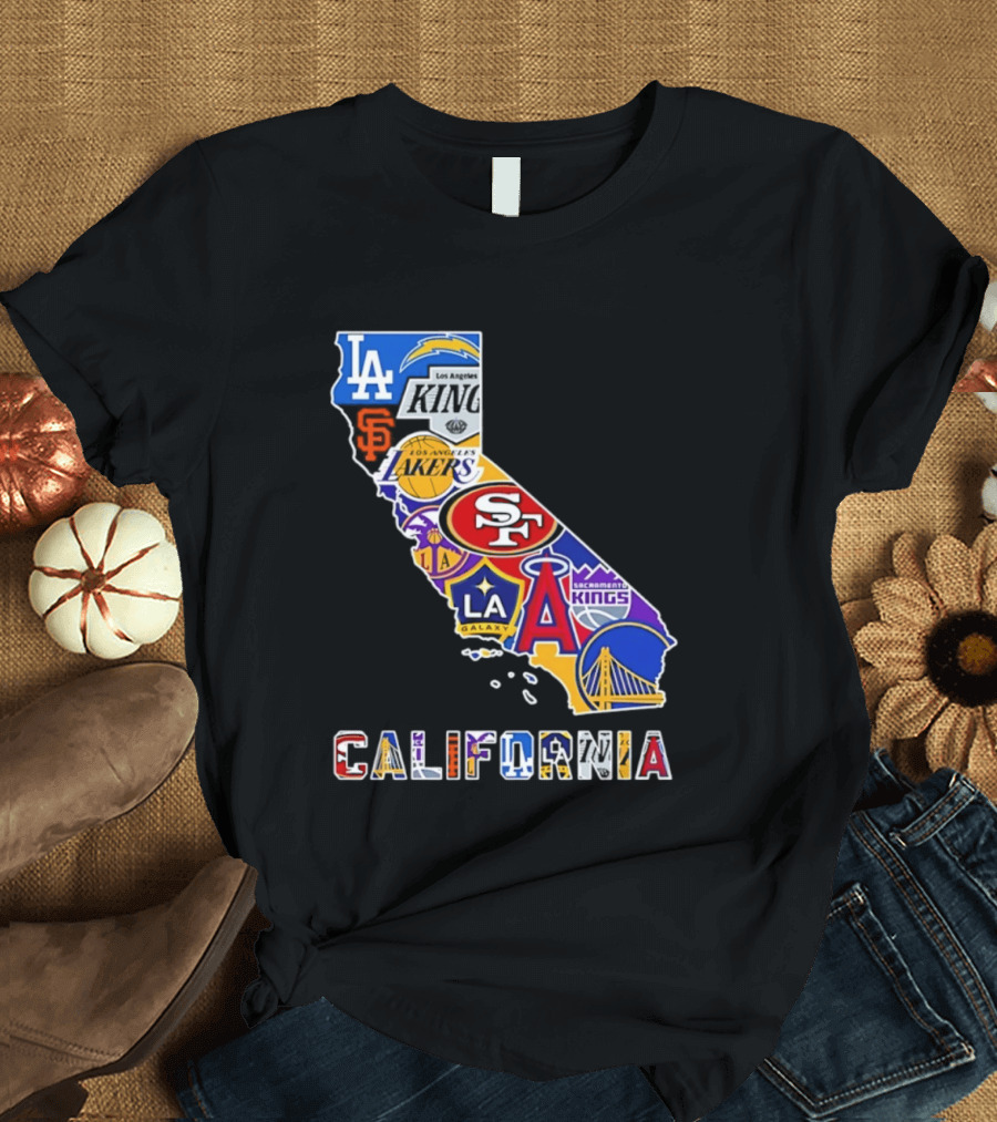 California Map Collage With 49ers Lakers Kings Giants Angels Dodgers Logos 2026 T-Shirt