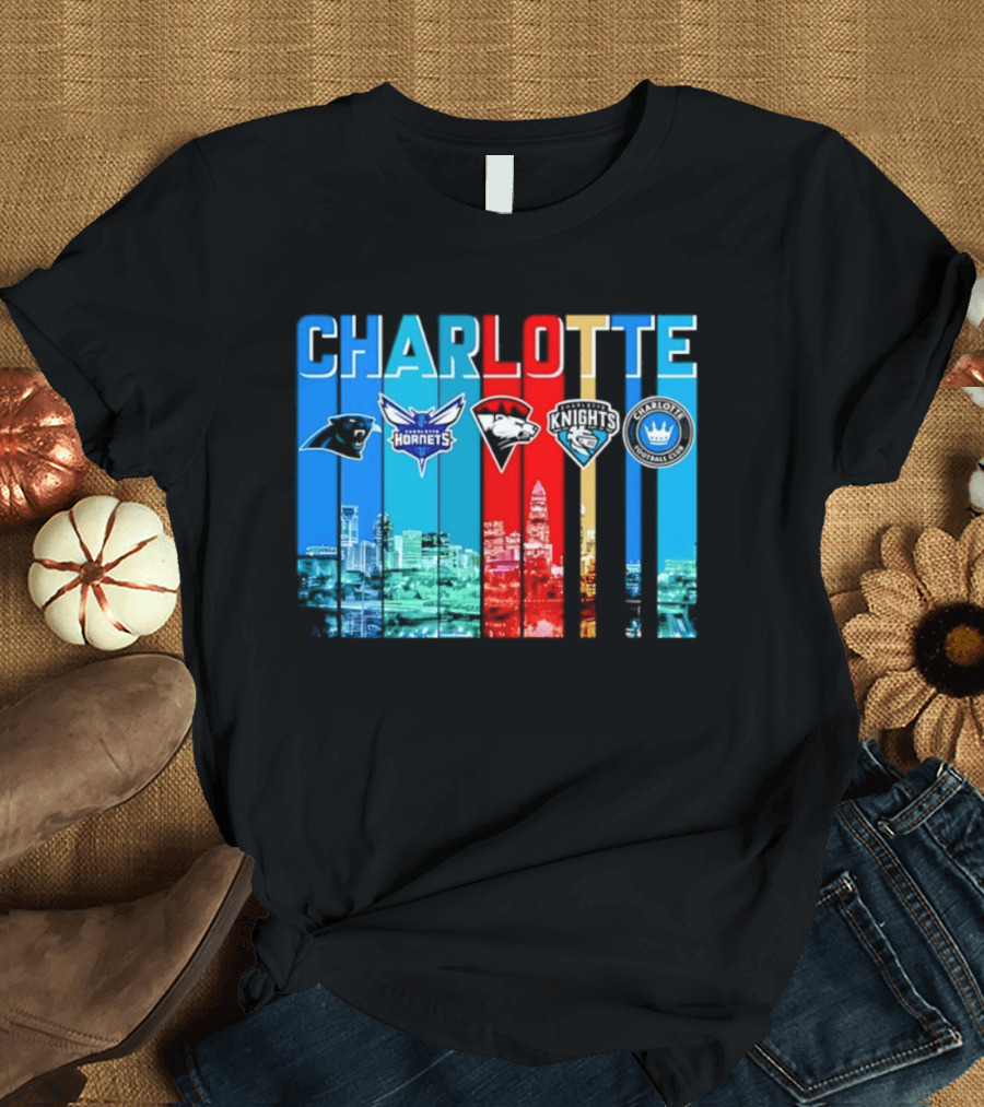 Charlotte Panthers Hornets Knights City Skyline Sports Team Logos T-Shirt