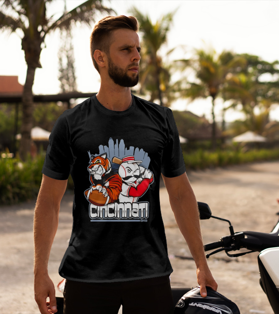 Cincinnati Reds Bengals Skyline Ohio Tiger And Baseball Character 2026 T-Shirt