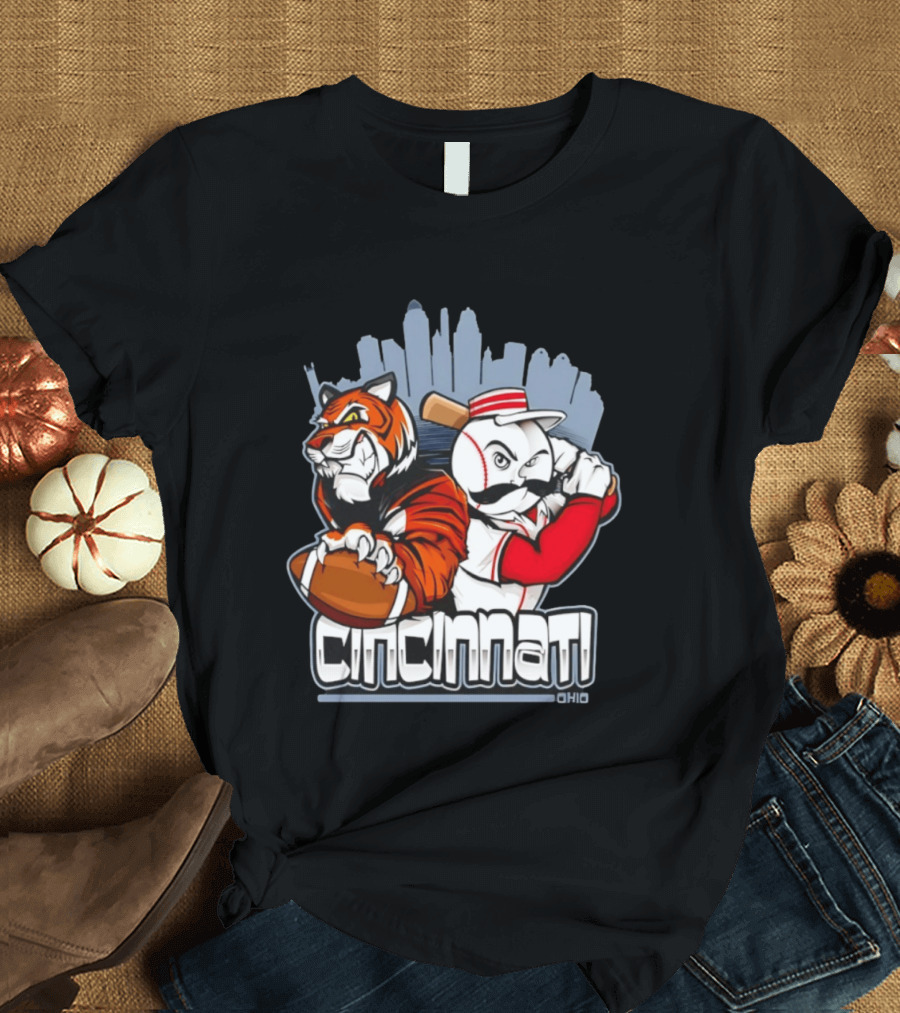 Cincinnati Reds Bengals Skyline Ohio Tiger And Baseball Character 2026 T-Shirt