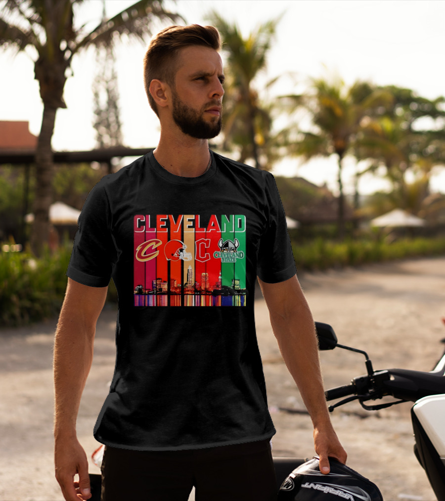Cleveland Cavaliers Browns Guardians Cleveland State Vikings City Skyline T-Shirt