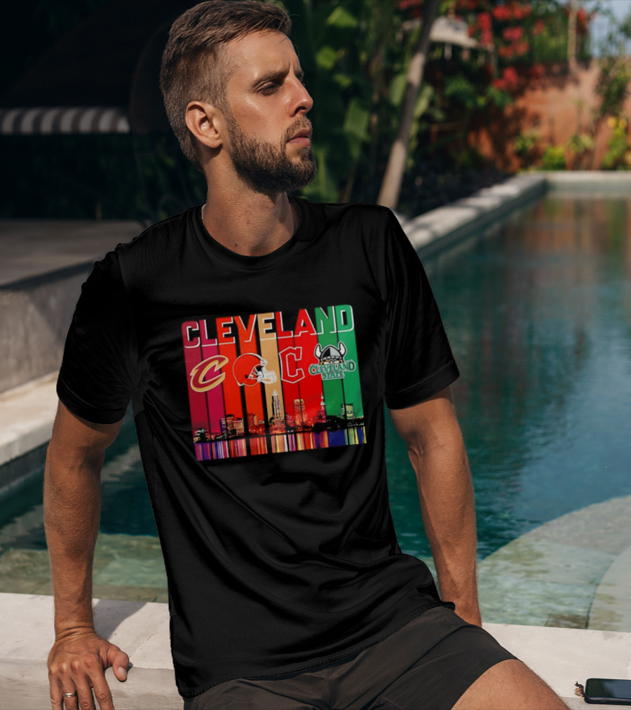 Cleveland Cavaliers Browns Guardians Cleveland State Vikings City Skyline T-Shirt