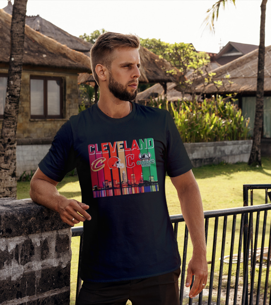 Cleveland Cavaliers Browns Guardians Cleveland State Vikings City Skyline T-Shirt