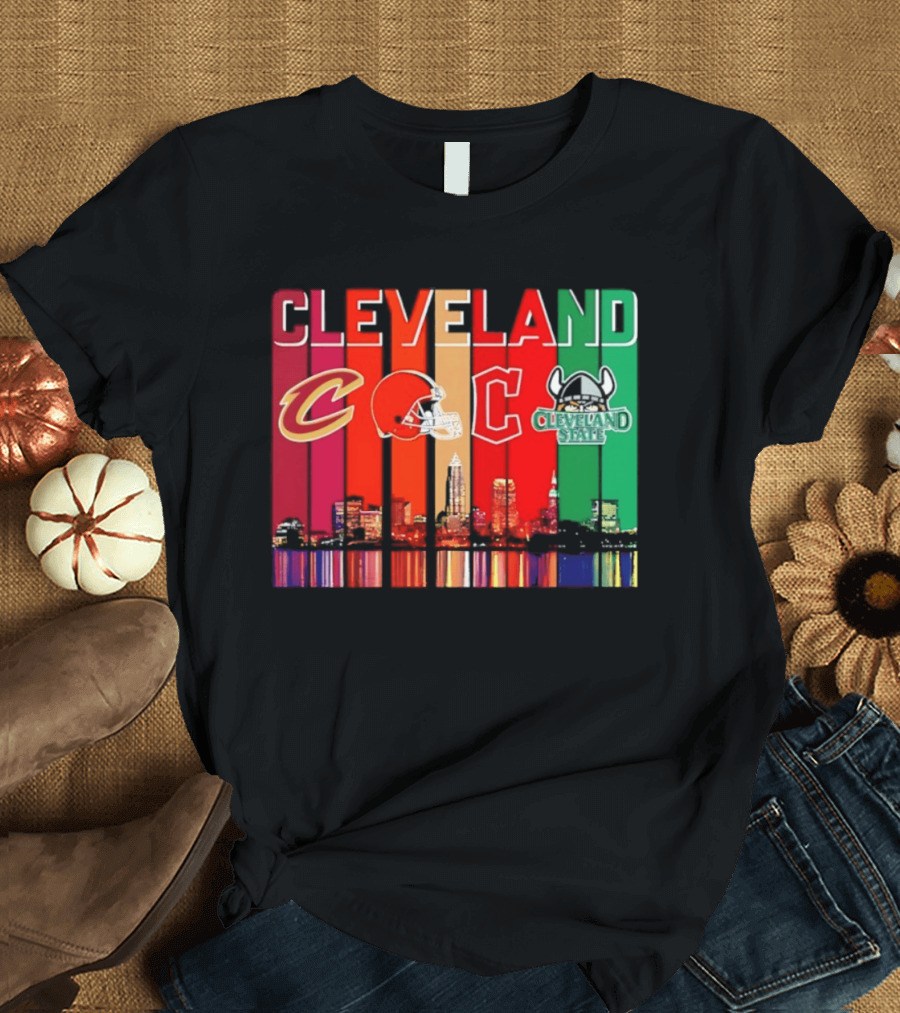 Cleveland Cavaliers Browns Guardians Cleveland State Vikings City Skyline T-Shirt