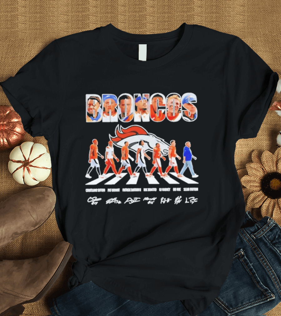 Denver Broncos Abbey Road Sutton Bryant Surtain II Bonitto Harvey Nix Payton Signatures NFL Team T-Shirt