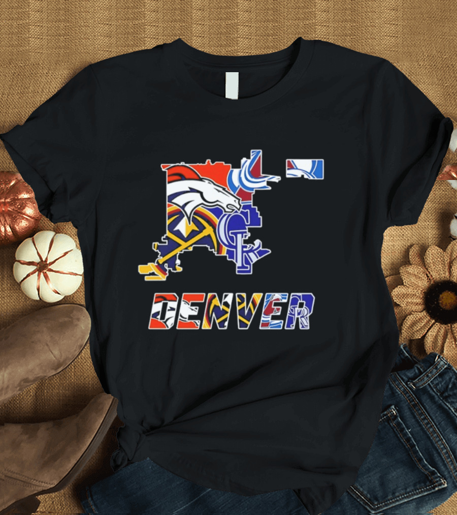 Denver Broncos Nuggets Avalanche Rockies Map Sports Team Logos T-Shirt