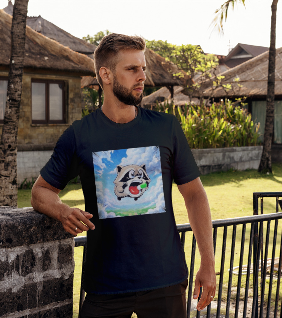 Jimothy Raccoon Cartoon Sky Dive With Colorful Capsule T-Shirt