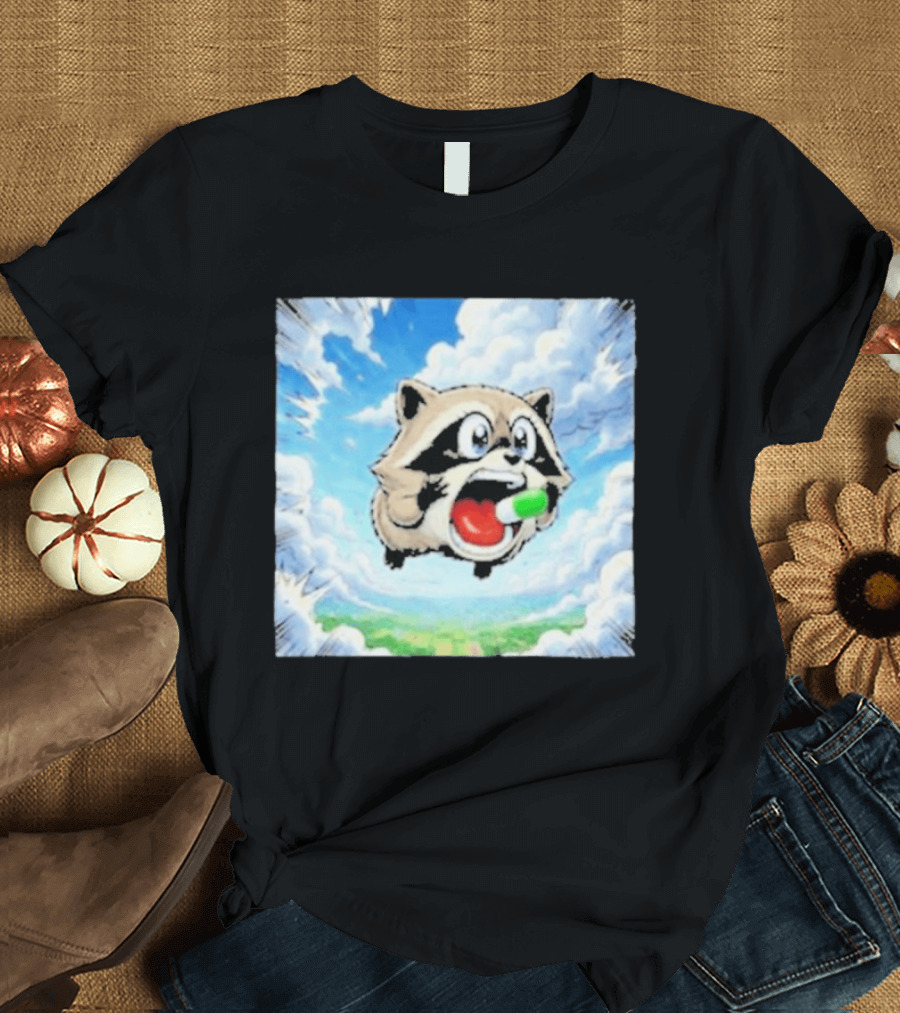 Jimothy Raccoon Cartoon Sky Dive With Colorful Capsule T-Shirt