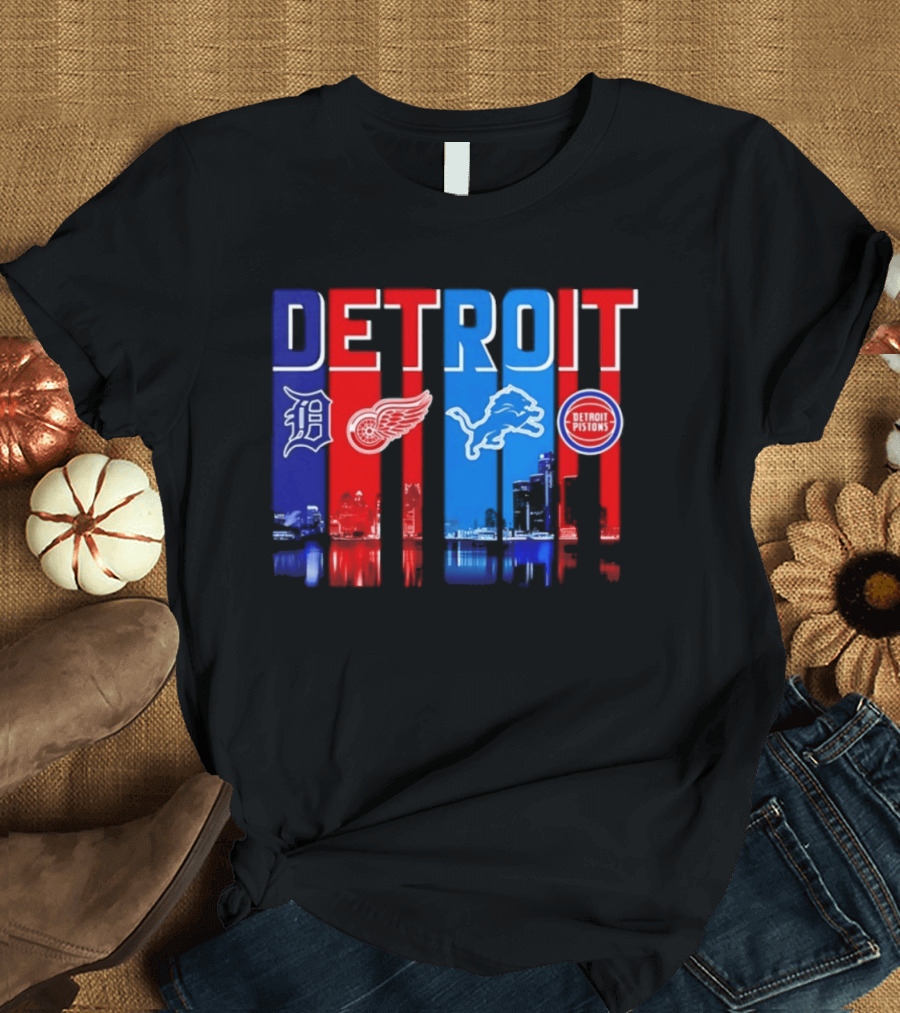 Detroit Tigers Red Wings Lions Pistons City Skyline 2026 T-Shirt