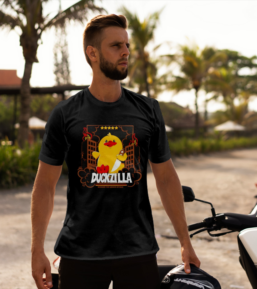 Duckzilla Beware The Quack Attack Knife Wielding Giant Duck With Burning Buildings T-Shirt