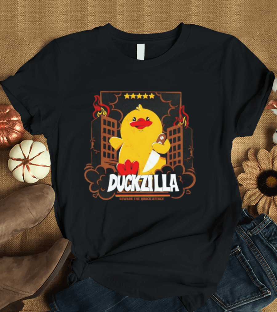 Duckzilla Beware The Quack Attack Knife Wielding Giant Duck With Burning Buildings T-Shirt