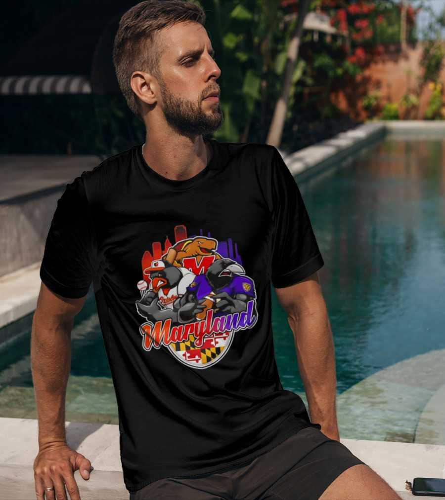 Maryland Orioles Ravens Terrapins Skyline Mashup With Flag T-Shirt