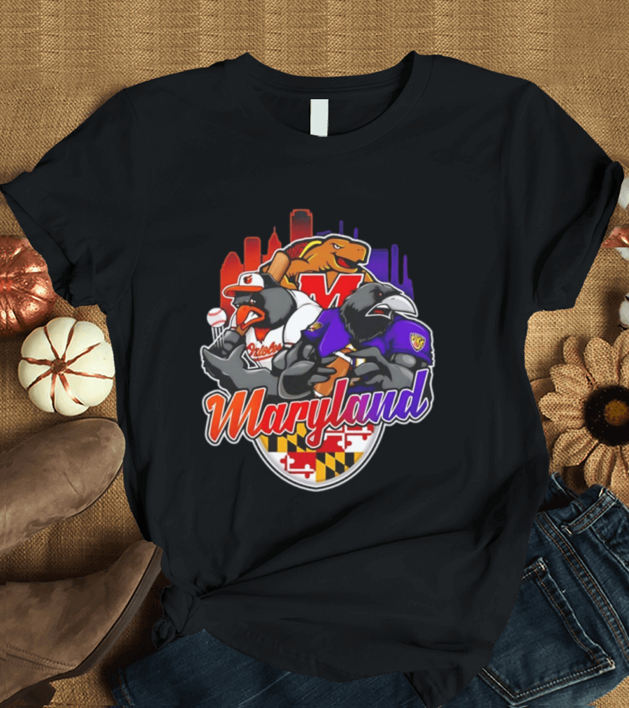 Maryland Orioles Ravens Terrapins Skyline Mashup With Flag T-Shirt