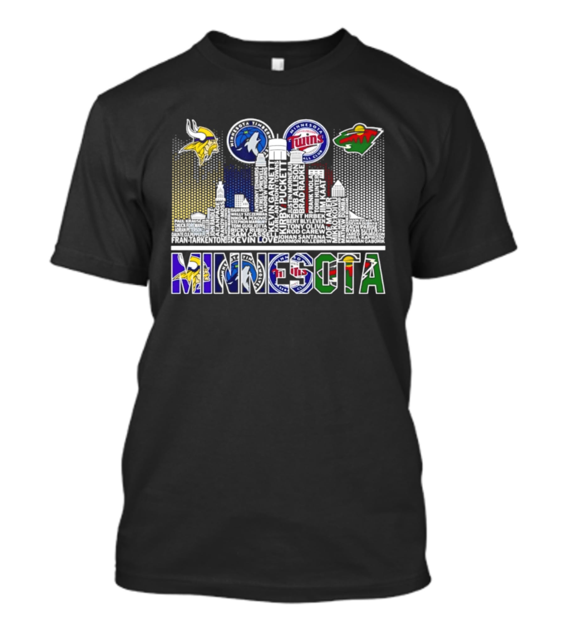 Minnesota Vikings Timberwolves Twins Wild Skyline Roster Names T-Shirt