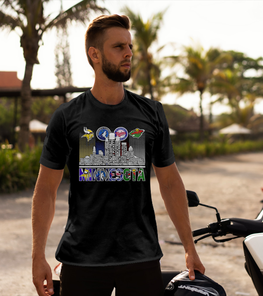 Minnesota Vikings Timberwolves Twins Wild Skyline Roster Names T-Shirt