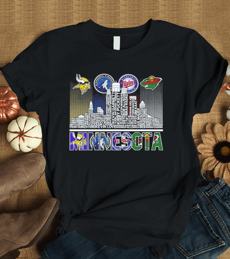Minnesota Vikings Timberwolves Twins Wild Skyline Roster Names T-Shirt