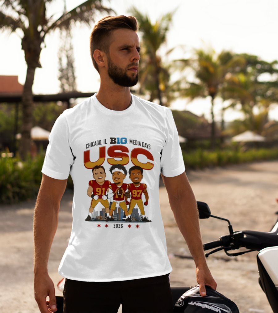 USC Trojans Big Ten Media Days 2026 Chicago Skyline Caricature Jayden Maiava Alex VanSumeren Jide Abasiri T-Shirt