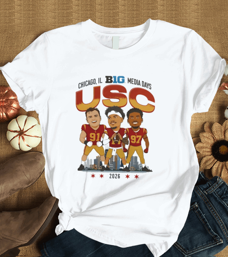USC Trojans Big Ten Media Days 2026 Chicago Skyline Caricature Jayden Maiava Alex VanSumeren Jide Abasiri T-Shirt