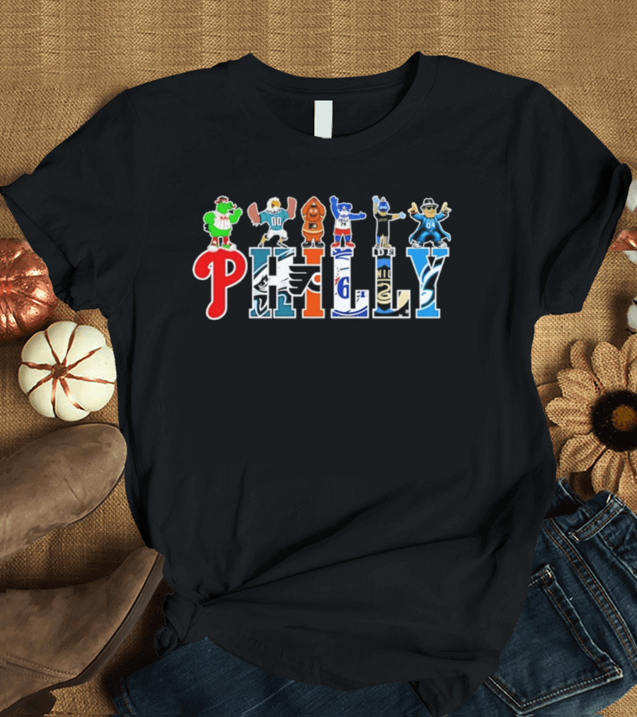 Philly Mascots 2026 Phillies Eagles Flyers Sixers Union Phanatic Gritty Swoop Franklin Fang T-Shirt