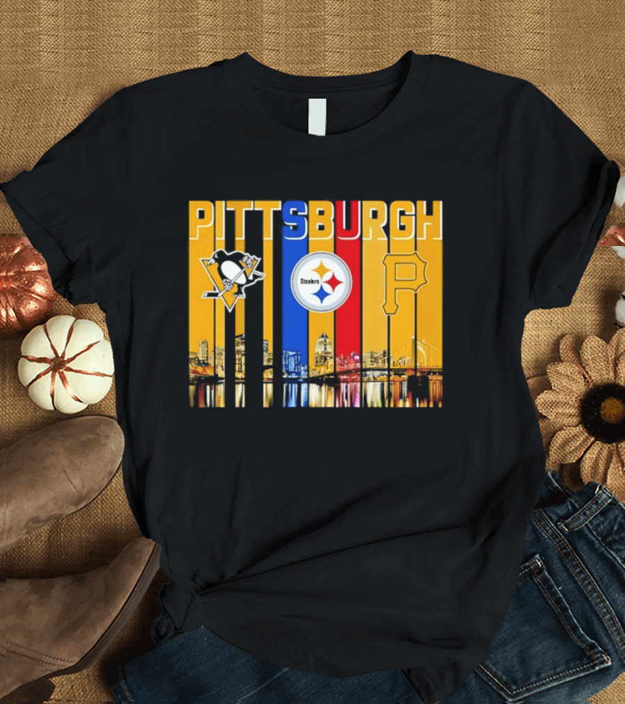 Pittsburgh Penguins Steelers Pirates City Skyline 2026 Sports Teams T-Shirt