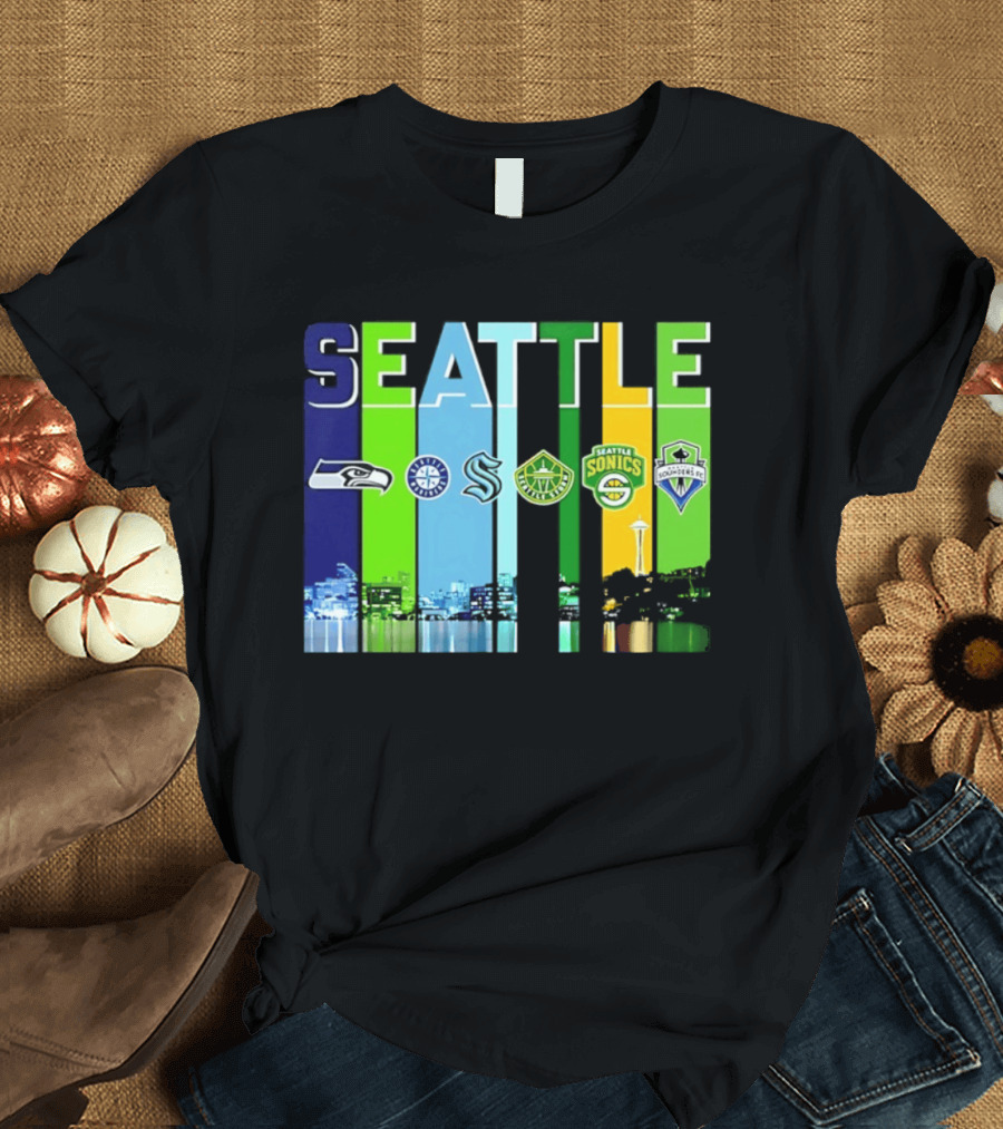 Seattle Seahawks Mariners Kraken Sonics Storm Sounders City Skyline T-Shirt