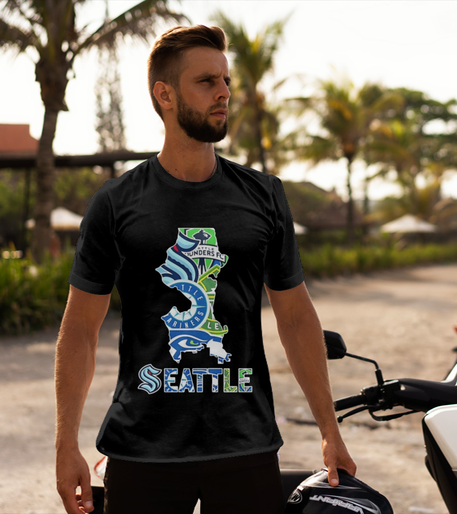 Seattle Kraken Mariners Seahawks Sounders FC Map Collage 2026 T-Shirt