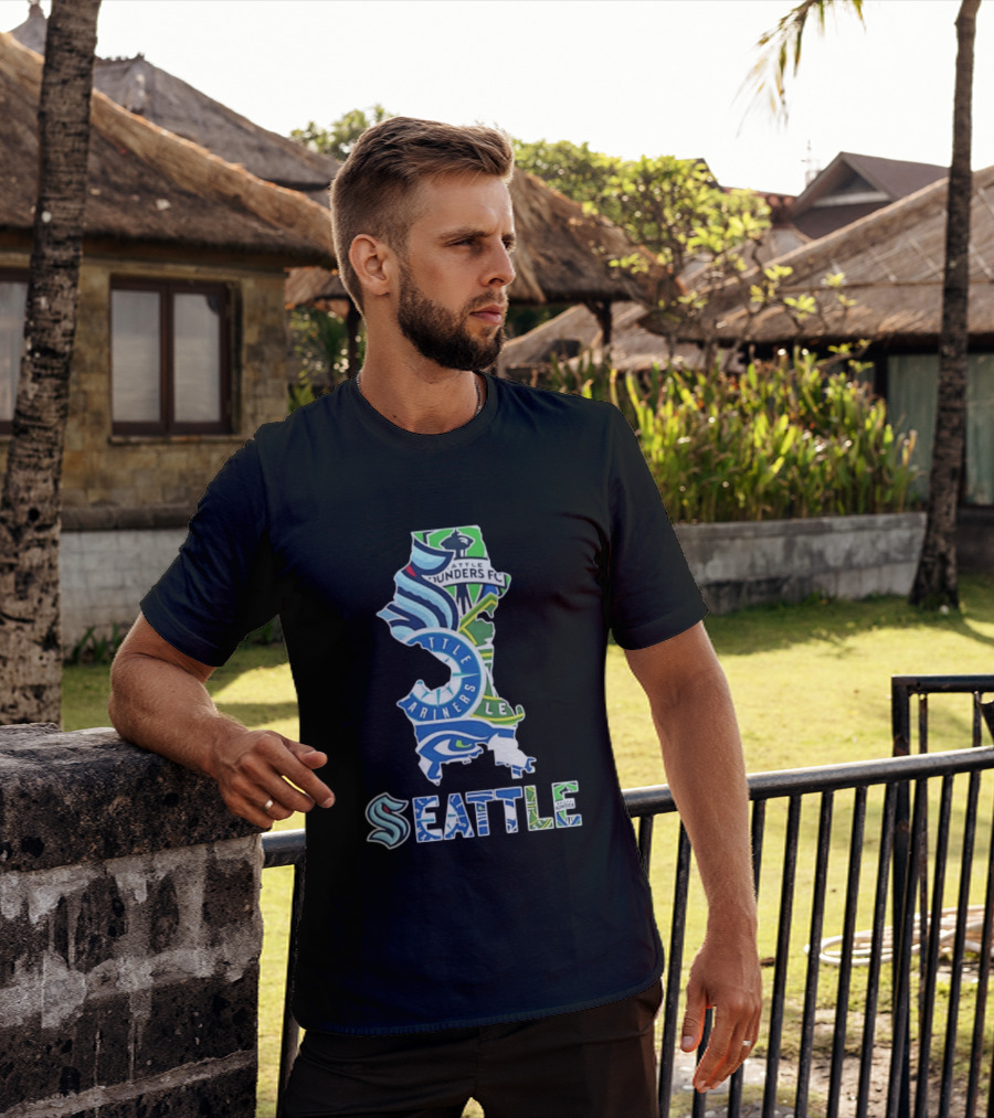 Seattle Kraken Mariners Seahawks Sounders FC Map Collage 2026 T-Shirt