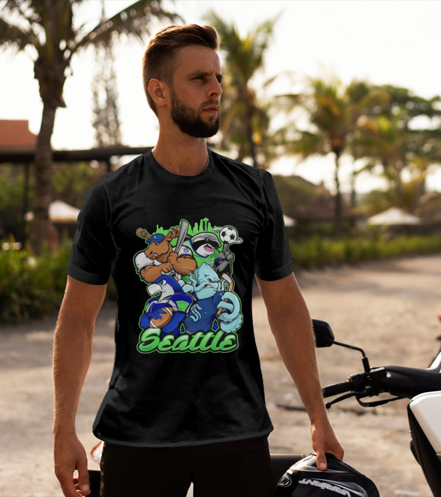 Seattle Sports Team Mascot Mashup With Moose Orca Octopus Bird Skyline T-Shirt