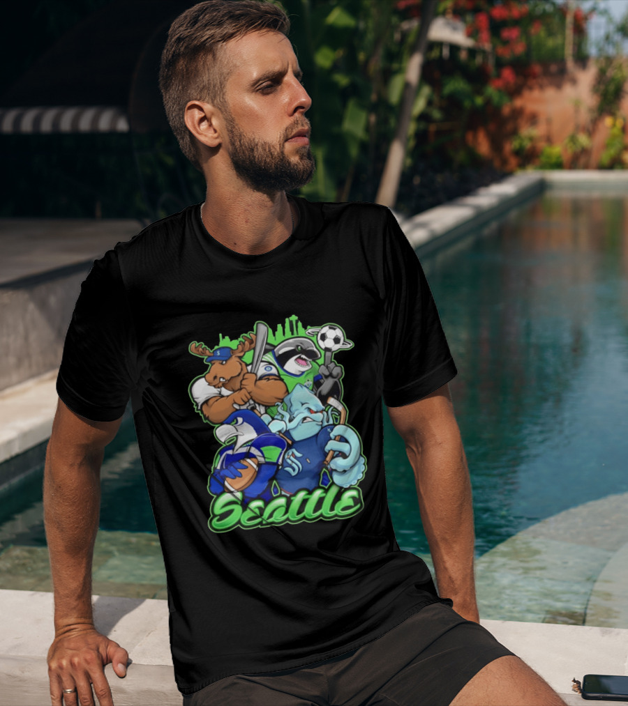 Seattle Sports Team Mascot Mashup With Moose Orca Octopus Bird Skyline T-Shirt