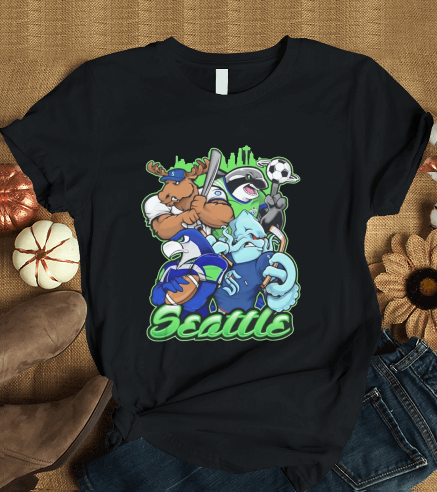 Seattle Sports Team Mascot Mashup With Moose Orca Octopus Bird Skyline T-Shirt